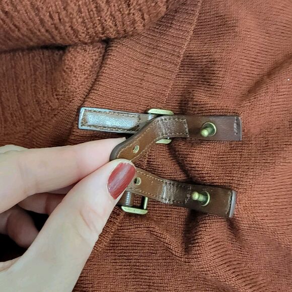 Ellen Tracy 100% Extrafine Merino Wool Leather Buckle Brown Cowlneck Cardigan  M - Picture 7 of 12